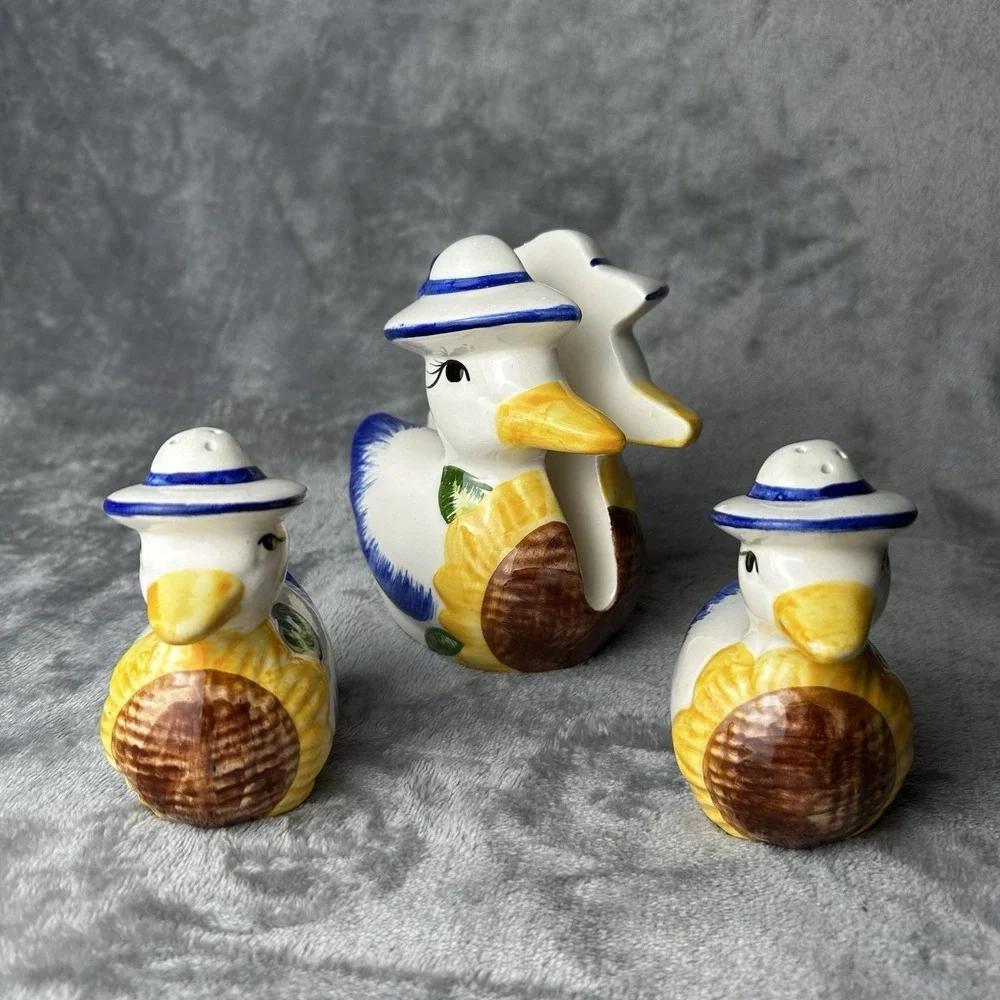 Country Duck Geese Napkin Holder & Salt N Pepper Shakers Set 3 Pieces Sunflowers